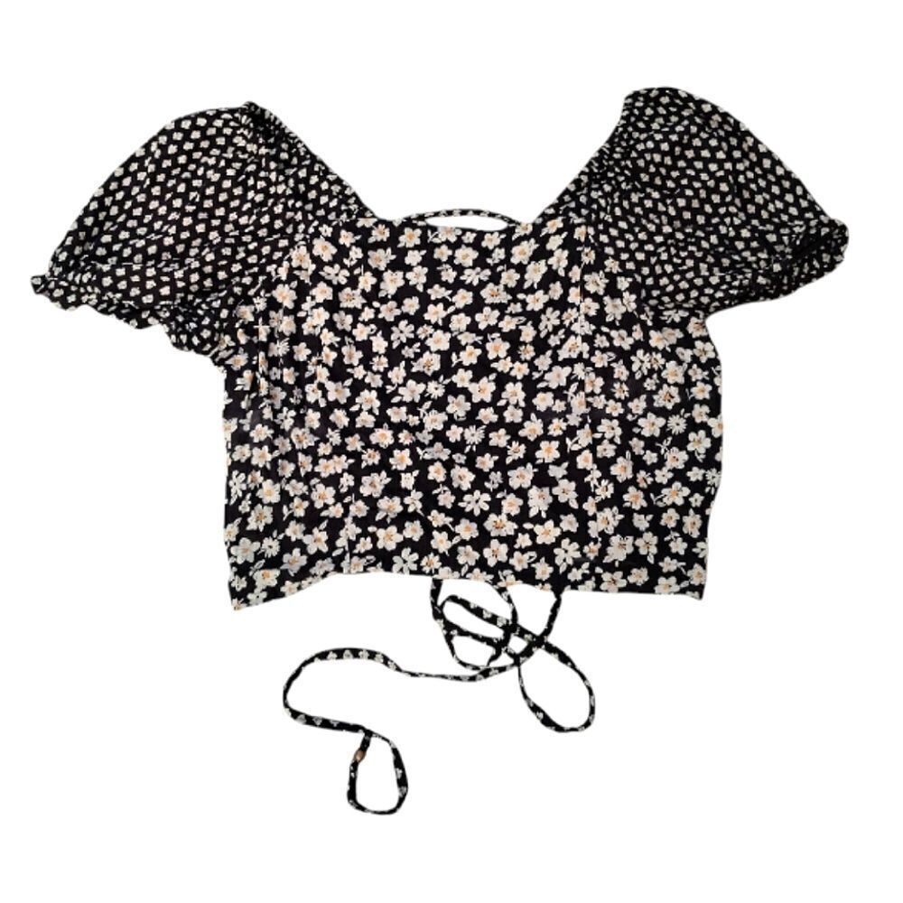 Angie Black Floral Lace Up Back Boho Cropped Top Medium - Picture 2 of 10